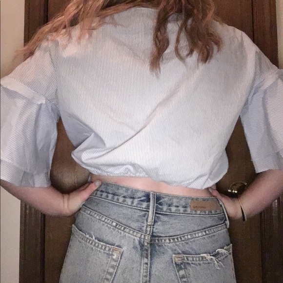 Aqua Stripe Tie-in-Front Blouse - Picture 2 of 5